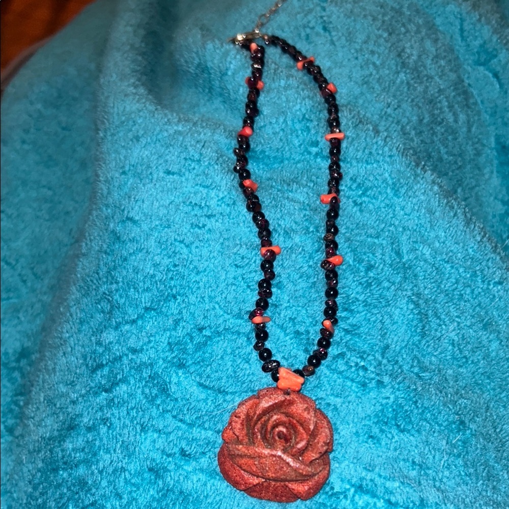 Elegant Black and Red Rose Pendant Necklace